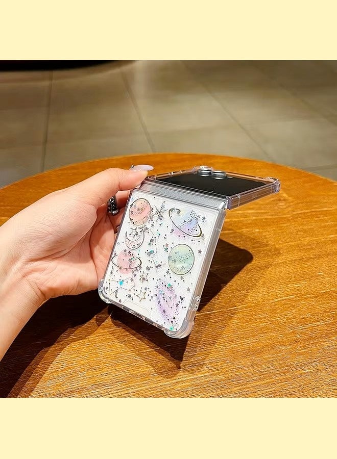 جراب هاتف سامسونج Z Flip 7 - جراب شفاف لطيف - جراب هاتف لامع بتصميم كوكب مع نجوم وقمر - غطاء هاتف شفاف مقاوم للصدمات مصنوع من مادة TPU - Image 4