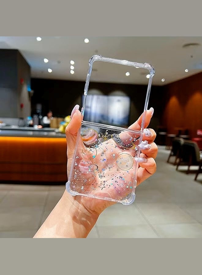 جراب هاتف سامسونج Z Flip 7 - جراب شفاف لطيف - جراب هاتف لامع بتصميم كوكب مع نجوم وقمر - غطاء هاتف شفاف مقاوم للصدمات مصنوع من مادة TPU - Image 5