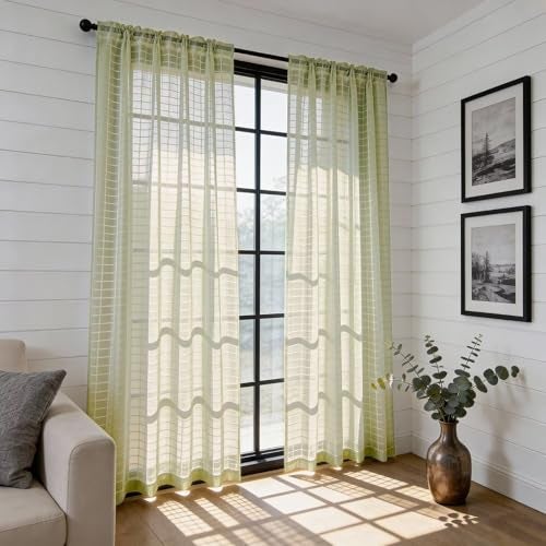 SpaceDresser Check Sheer Curtains 84 Inches 2 Panels Set, Rod Pocket Plaid Window Curtain for Living Room, Sage Green Semi Sheer Drapes for Kitchen Bedroom Children Room Yard（Sage Green, 52W x 84L） - Image 4