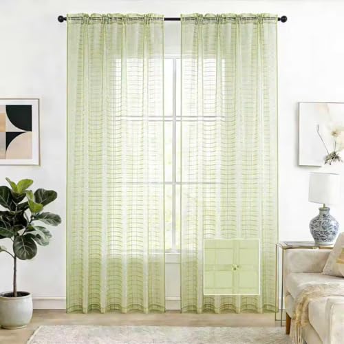 SpaceDresser Check Sheer Curtains 84 Inches 2 Panels Set, Rod Pocket Plaid Window Curtain for Living Room, Sage Green Semi Sheer Drapes for Kitchen Bedroom Children Room Yard（Sage Green, 52W x 84L） - Image 1