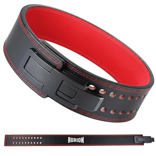 Aurion Red-Black 10mm Lever Weight Lifting Belt, Adjustable Lever Powerlifting Belt for Men & Women, Premium Leather Deadlift Gym Belt, 4-Inch Wide Heavy Duty Back Support for Strength Training (XL) - Image 1