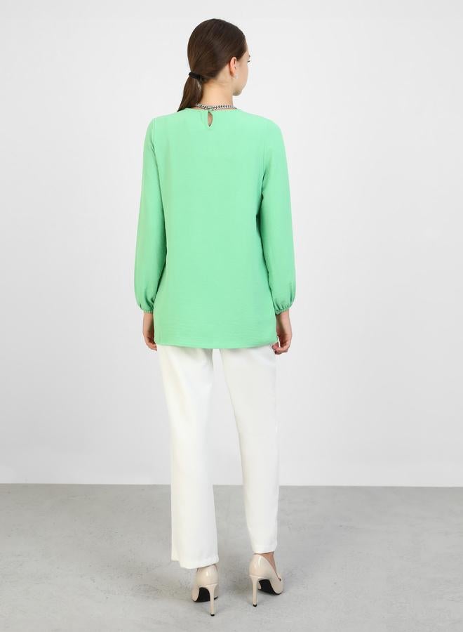 رفقة من مودانيسا بلوزة طويلة بياقة مستديرة سادة خضراء من رفقة مودانيسا - Image 4