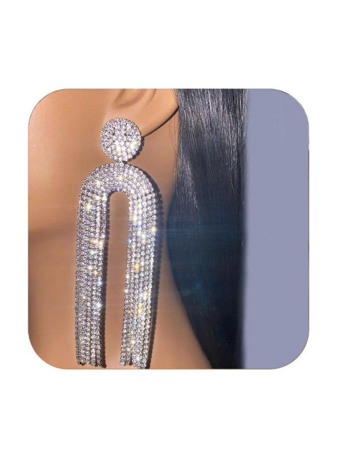 EARENT أقراط كريستالية فضية بتصميم قلادة طويلة مع شرابات وخرز لامع، مجوهرات حفلات الزفاف العتيقة للنساء - Image 1