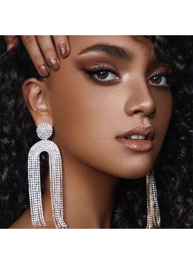 EARENT أقراط كريستالية فضية بتصميم قلادة طويلة مع شرابات وخرز لامع، مجوهرات حفلات الزفاف العتيقة للنساء - Image 2