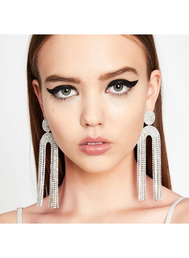 EARENT أقراط كريستالية فضية بتصميم قلادة طويلة مع شرابات وخرز لامع، مجوهرات حفلات الزفاف العتيقة للنساء - Image 4