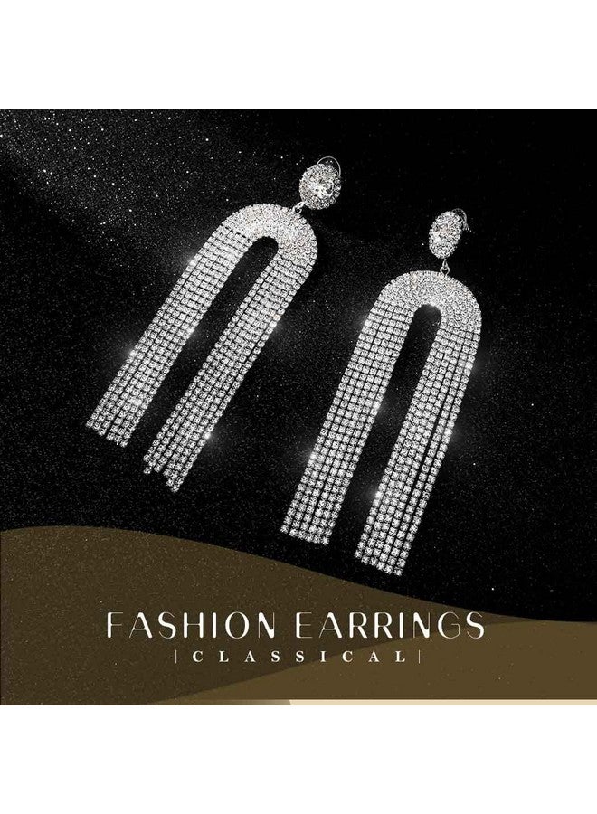 EARENT أقراط كريستالية فضية بتصميم قلادة طويلة مع شرابات وخرز لامع، مجوهرات حفلات الزفاف العتيقة للنساء - Image 3