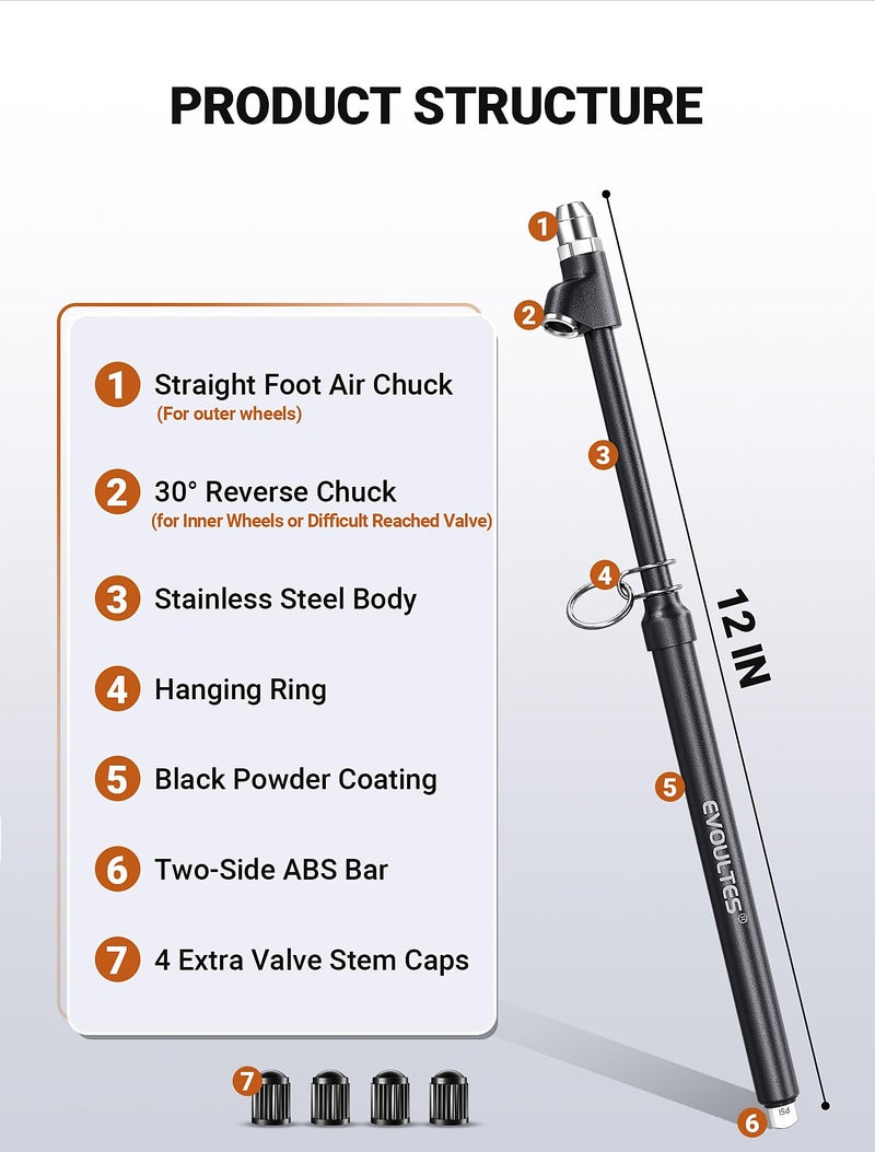 EVOULTES Heavy Duty Tire Pressure Gauge, Straight-On Dual Head Air Pressure Gauge Range 10-150 PSI, Air Gauge & 4 Valve Caps, Semi Truck Tire Gauge for Truck, RV, Car - Image 2
