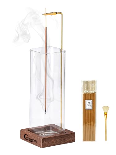 Ceremony Incense Holder Wooden Incense Holder for Sticks with Glass Ash Catcher Antiash Incense Burner with 20 Incense Sticks and a Ash Brush for Meditation Yoga Spa Room Decor