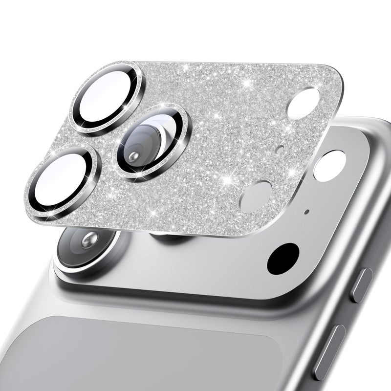 Hoerrye for iPhone 17 Pro Max Camera Lens Protector - [12FT Shatterproof Military Grade] [Strong Adsorption] Metal 9H+ Tempered Glass Camera Screen Full Cover Case Friendly,Glitter Silver - Image 1