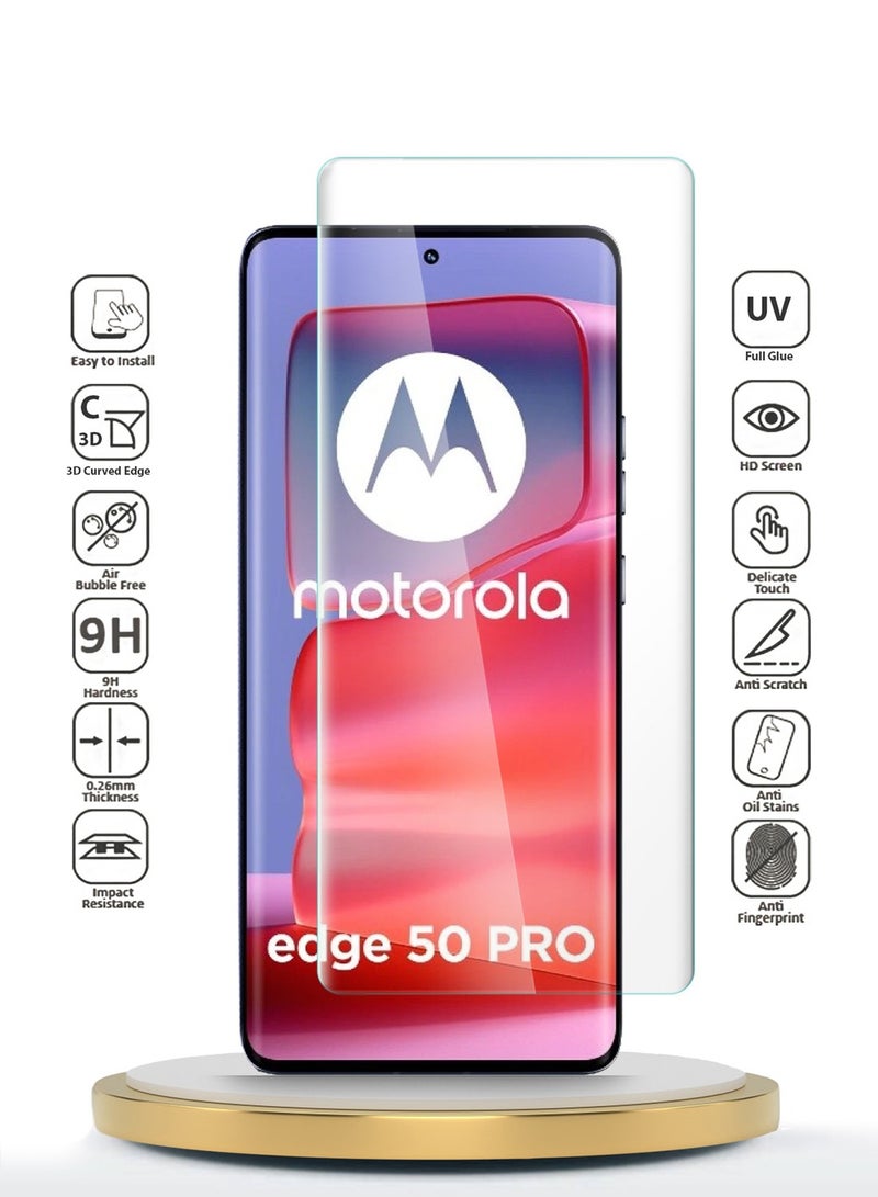 Wtech Motorola Edge 50 Pro 5G 2024 Premium Curved Edges UV Full Glue Full Cover Tempered Glass Screen Protector (MSGUCN) - Clear - Image 2