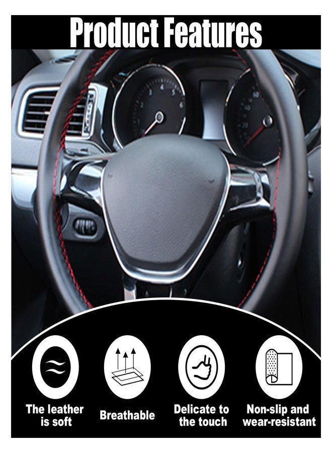 GLSOWEE Car Genuine Leather Steering Wheel Cover, DIY Sewing with Needle and Thread, Breathable, and Anti-Slip, Universal 15 Inch Car Steering Wheel Stitching Wrap (Black Red, Glossy) - Image 3