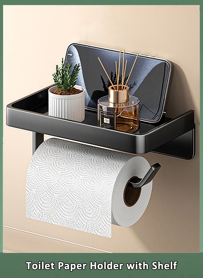 Toilet Paper Holder with Shelf, Adhesive Wall Mount Toilet Tissue Roll Holder, Rustproof & Multifunctional Carbon Steel Bathroom Storage Dispenser Command Strip Toilet Paper Roll Holder (Black) - Image 1