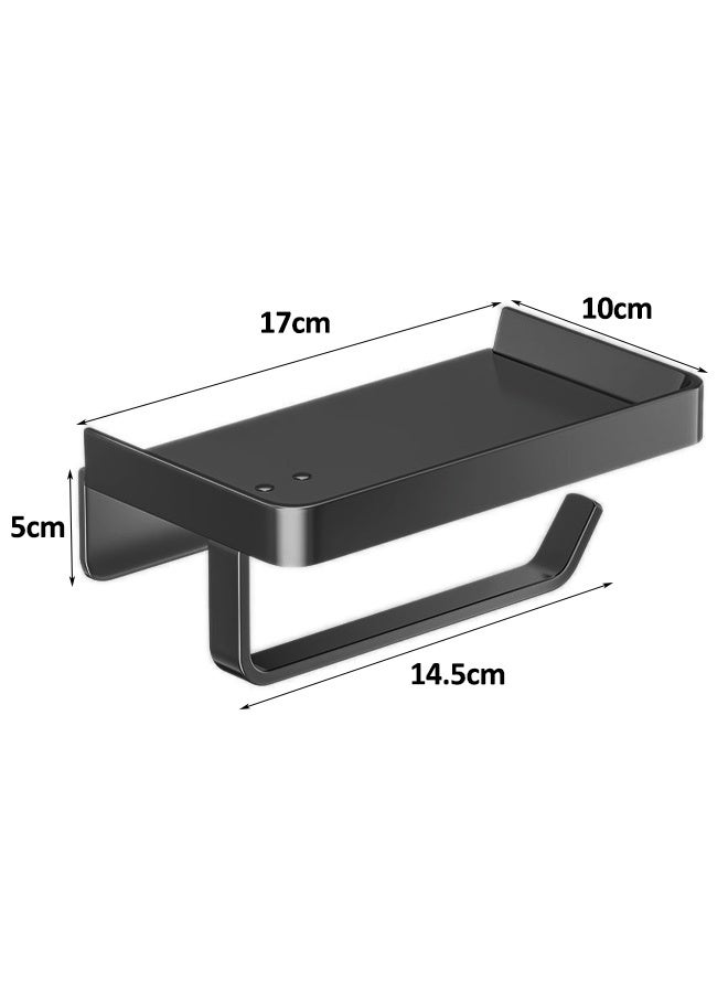Toilet Paper Holder with Shelf, Adhesive Wall Mount Toilet Tissue Roll Holder, Rustproof & Multifunctional Carbon Steel Bathroom Storage Dispenser Command Strip Toilet Paper Roll Holder (Black) - Image 2