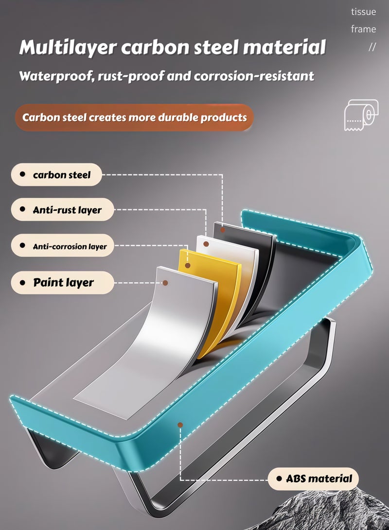 Toilet Paper Holder with Shelf, Adhesive Wall Mount Toilet Tissue Roll Holder, Rustproof & Multifunctional Carbon Steel Bathroom Storage Dispenser Command Strip Toilet Paper Roll Holder (Black) - Image 3