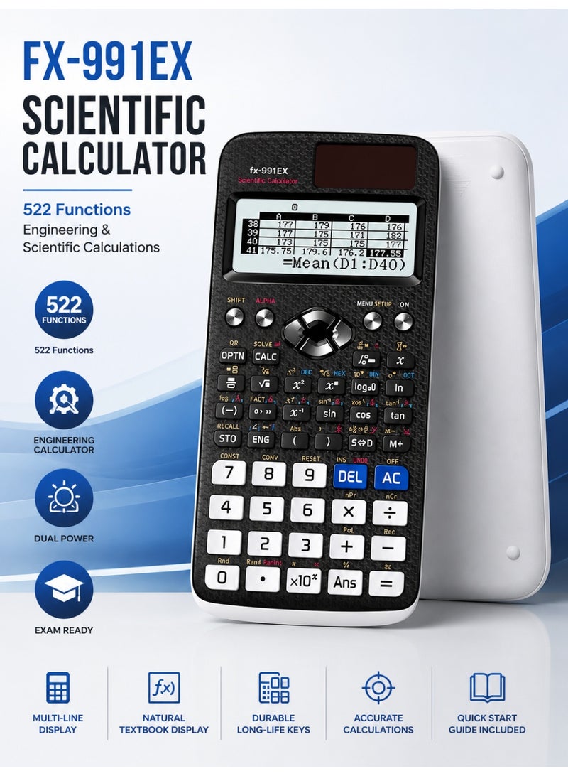 Scientific Calculator FX-991EX with 522 Functions, Dual Power (Solar & Battery), Natural Textbook Display, Multi-Line LCD, 10+2 Digit Display, Engineering & Scientific Calculator with Protective Sliding Cover for School, College, University, Exams & Office - Image 1