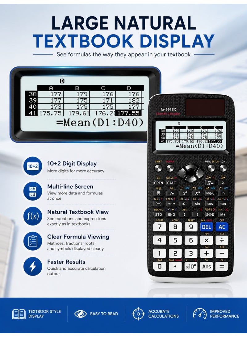 Scientific Calculator FX-991EX with 522 Functions, Dual Power (Solar & Battery), Natural Textbook Display, Multi-Line LCD, 10+2 Digit Display, Engineering & Scientific Calculator with Protective Sliding Cover for School, College, University, Exams & Office - Image 4