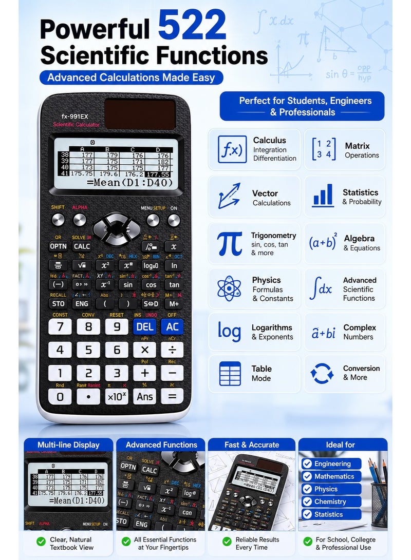 Scientific Calculator FX-991EX with 522 Functions, Dual Power (Solar & Battery), Natural Textbook Display, Multi-Line LCD, 10+2 Digit Display, Engineering & Scientific Calculator with Protective Sliding Cover for School, College, University, Exams & Office - Image 2