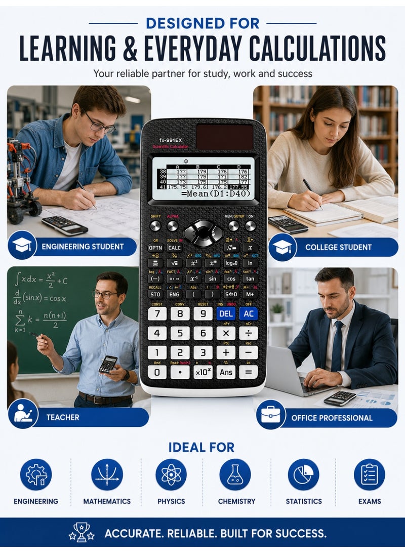 Scientific Calculator FX-991EX with 522 Functions, Dual Power (Solar & Battery), Natural Textbook Display, Multi-Line LCD, 10+2 Digit Display, Engineering & Scientific Calculator with Protective Sliding Cover for School, College, University, Exams & Office - Image 3
