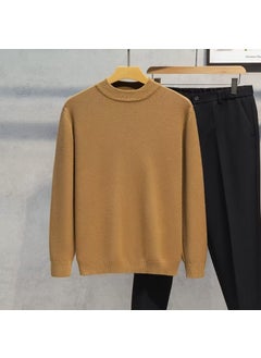 Mens Autumn Winter Fashionable Simple Round Neck Knitted Top Sweater Elastic Comfortable Soft Color Versatile Sleeve Sweatshirt Camel