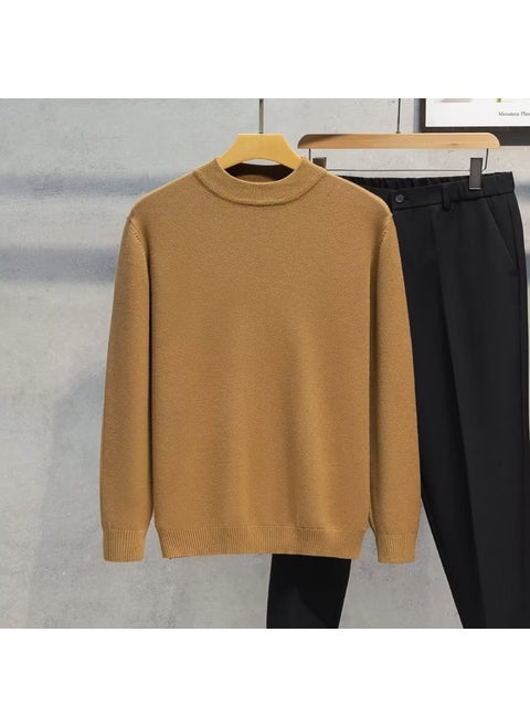 Mens Autumn Winter Fashionable Simple Round Neck Knitted Top Sweater Elastic Comfortable Soft Color Versatile Sleeve Sweatshirt Camel