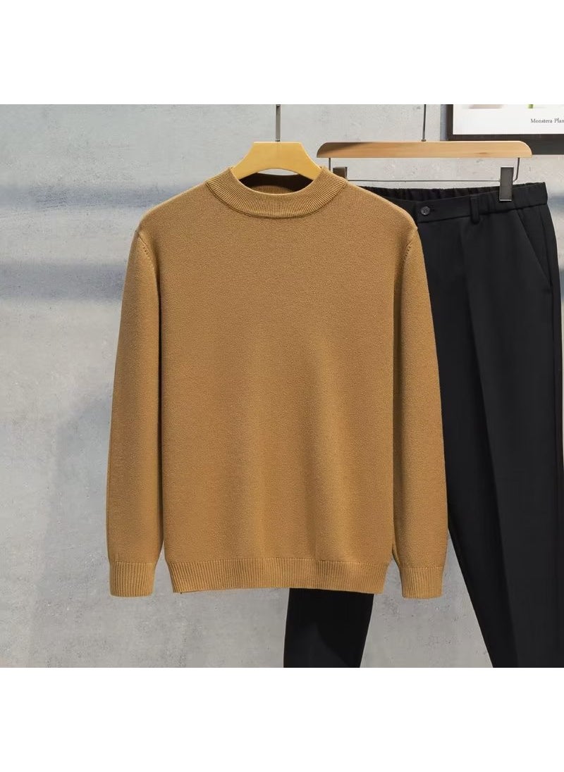 Generic - Mens Autumn Winter Fashionable Simple Round Neck Knitted Top Sweater Elastic Comfortable Soft Color Versatile Sleeve Sweatshirt Camel - Image 1