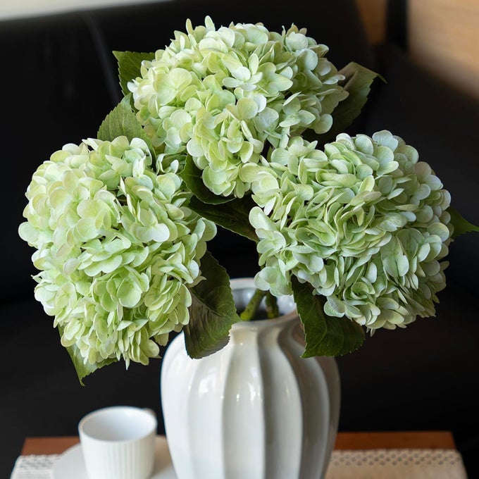 ARTIFICIAL FLOWERS HYDRANGEA HEADS WITH STEMS FOR HOME WEDDING DECOR LIVING ROOM OUTDOOR PARTY TABLE DECORATION LARGE LEAF EMBROIDERED BALL LATEX FAUX HYDRANGEA HEADS LIGHT GREEN