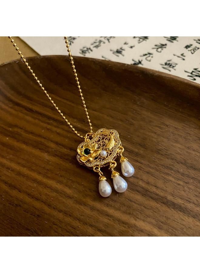 New Chinese Style Real Gold Electroplated Lotus Fan Necklace Fashionable Elegant Clavicle Chain Retro Light Luxury High-end Necklace For Women 