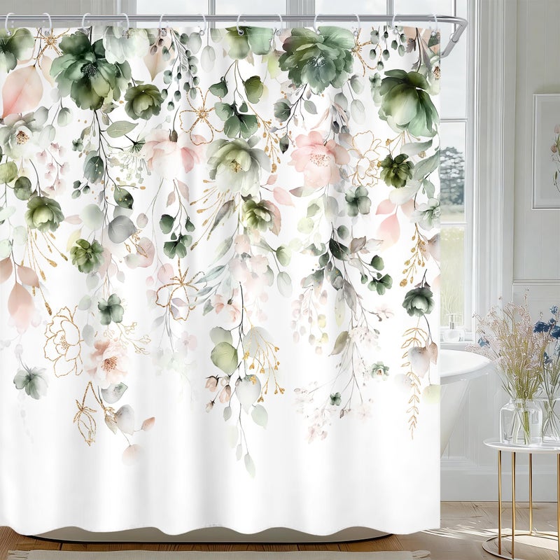 Ufeela Green Pink Floral Flower Shower Curtain 72Wx72L Inch Spring Summer Rustic Eucalyptus Leaves Pastel Wildflower Plant Botanical Pretty Bathroom Set Bath Curtain Bathtub Accessories Home Decor - Image 1
