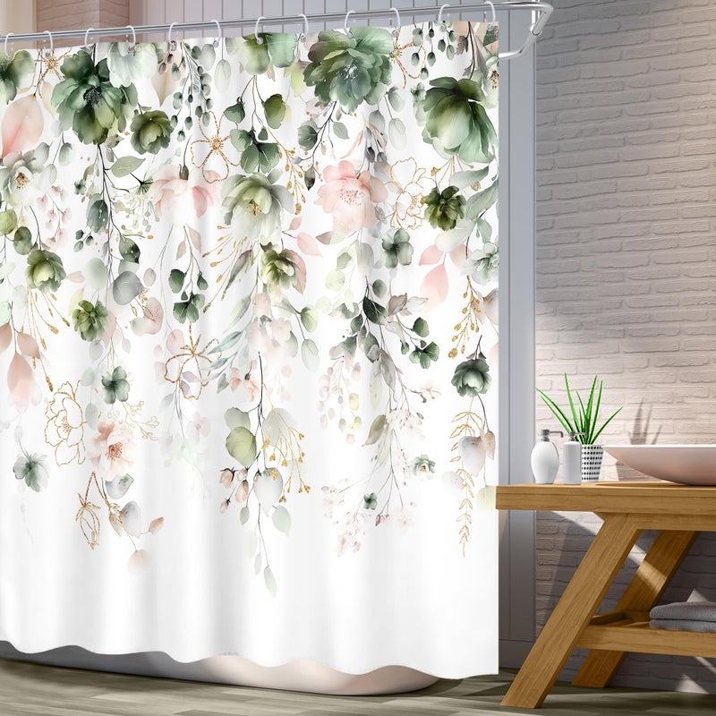 Ufeela Green Pink Floral Flower Shower Curtain 72Wx72L Inch Spring Summer Rustic Eucalyptus Leaves Pastel Wildflower Plant Botanical Pretty Bathroom Set Bath Curtain Bathtub Accessories Home Decor - Image 3