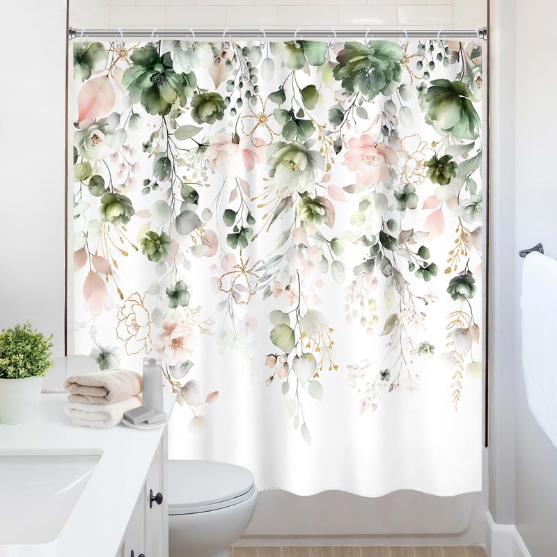 Ufeela Green Pink Floral Flower Shower Curtain 72Wx72L Inch Spring Summer Rustic Eucalyptus Leaves Pastel Wildflower Plant Botanical Pretty Bathroom Set Bath Curtain Bathtub Accessories Home Decor - Image 4