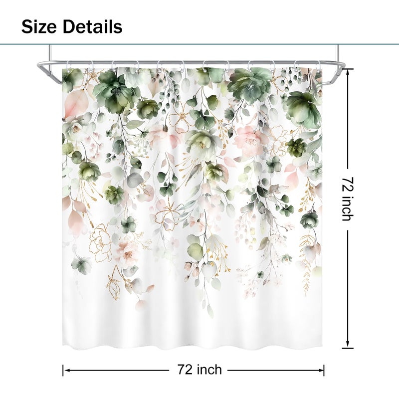 Ufeela Green Pink Floral Flower Shower Curtain 72Wx72L Inch Spring Summer Rustic Eucalyptus Leaves Pastel Wildflower Plant Botanical Pretty Bathroom Set Bath Curtain Bathtub Accessories Home Decor - Image 5