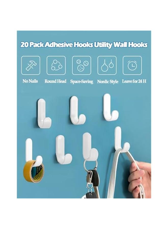 20 Pack Adhesive Hooks Utility Wall Hooks, Cute Key Hooks Plastic Decorative Wall Holder, White Self Adhesive Wall Hooks for Hats, Towels, Shower, Entryway, Kitchen, Office (White)  - Image 2