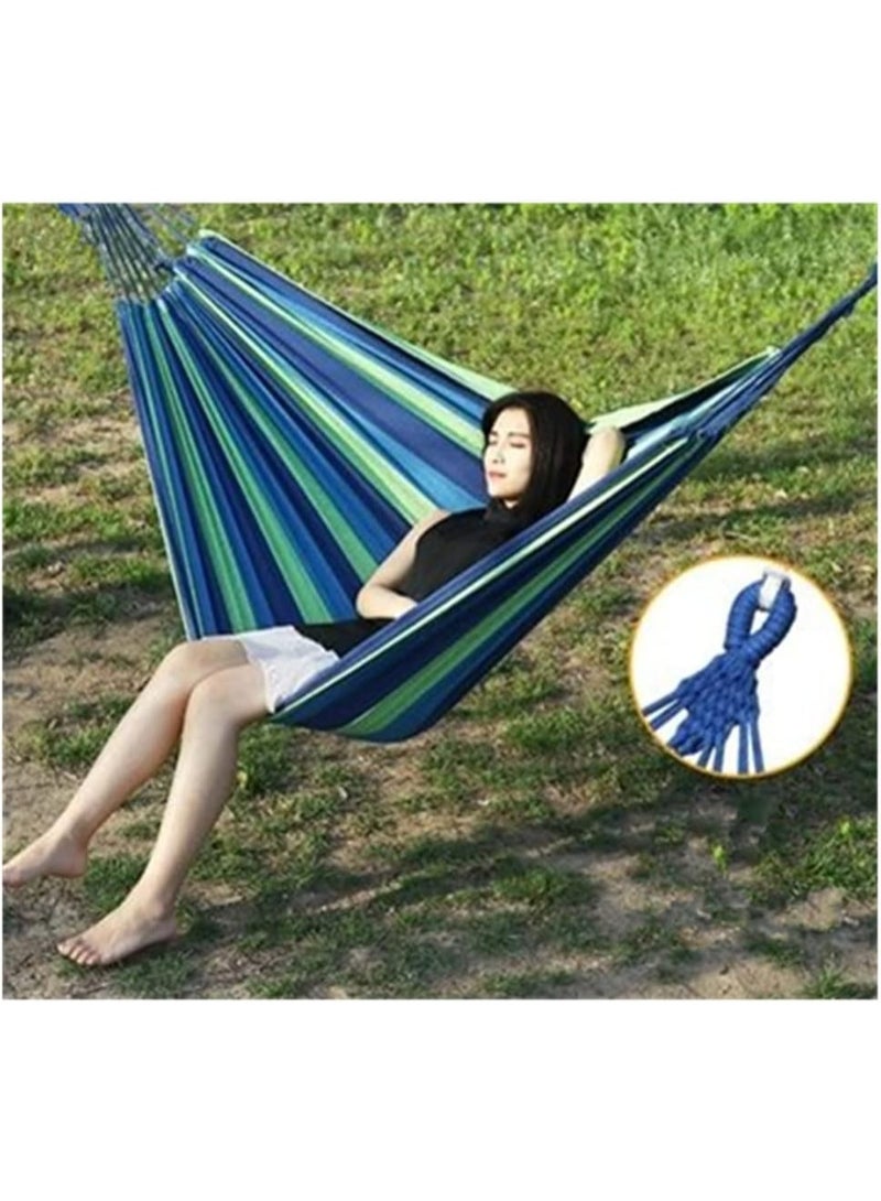 أرجوحة قطنية خارجية لشخصين – خفيفة الوزن وقابلة للطي مع حقيبة حمل، مثالية للتخييم والحدائق والشرفات – باللون الأزرق - Image 5