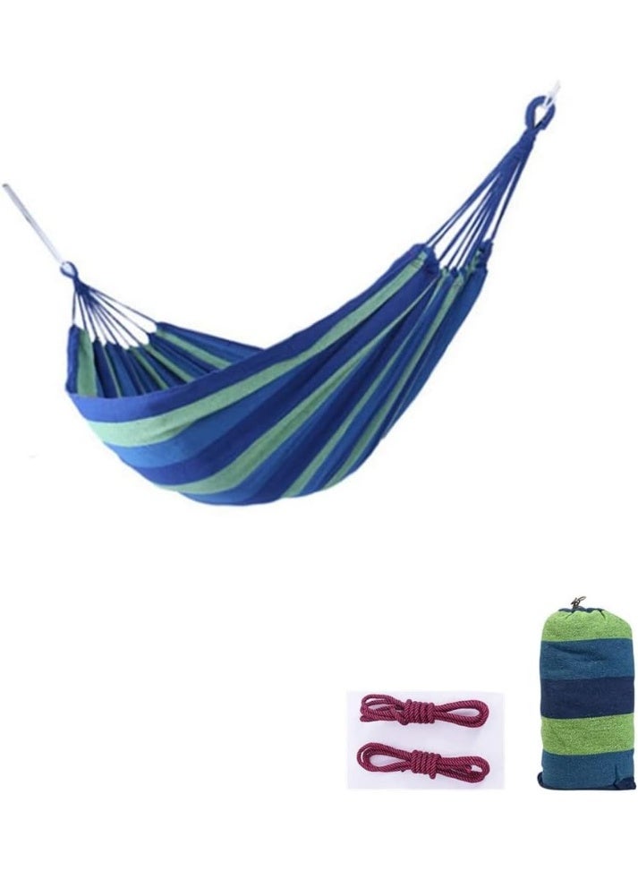 أرجوحة قطنية خارجية لشخصين – خفيفة الوزن وقابلة للطي مع حقيبة حمل، مثالية للتخييم والحدائق والشرفات – باللون الأزرق - Image 1