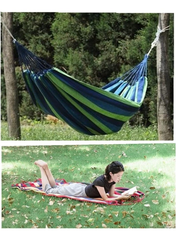 أرجوحة قطنية خارجية لشخصين – خفيفة الوزن وقابلة للطي مع حقيبة حمل، مثالية للتخييم والحدائق والشرفات – باللون الأزرق - Image 3