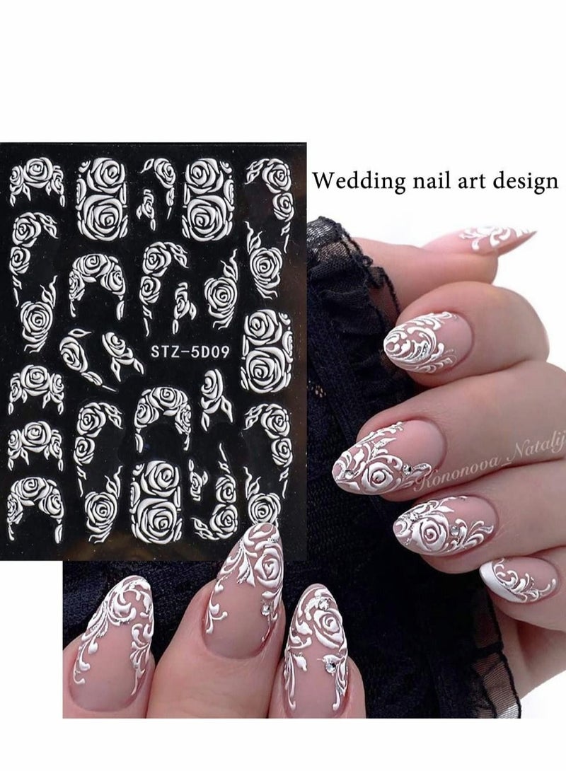 Captaintech Nail Stickers, 8 Sheets Flower Art Stickers Decals, 5D Acrylic Engraved Sticker White Embossed Sliders Lace Wedding Hollow Design DIY for Women Girls - Image 3