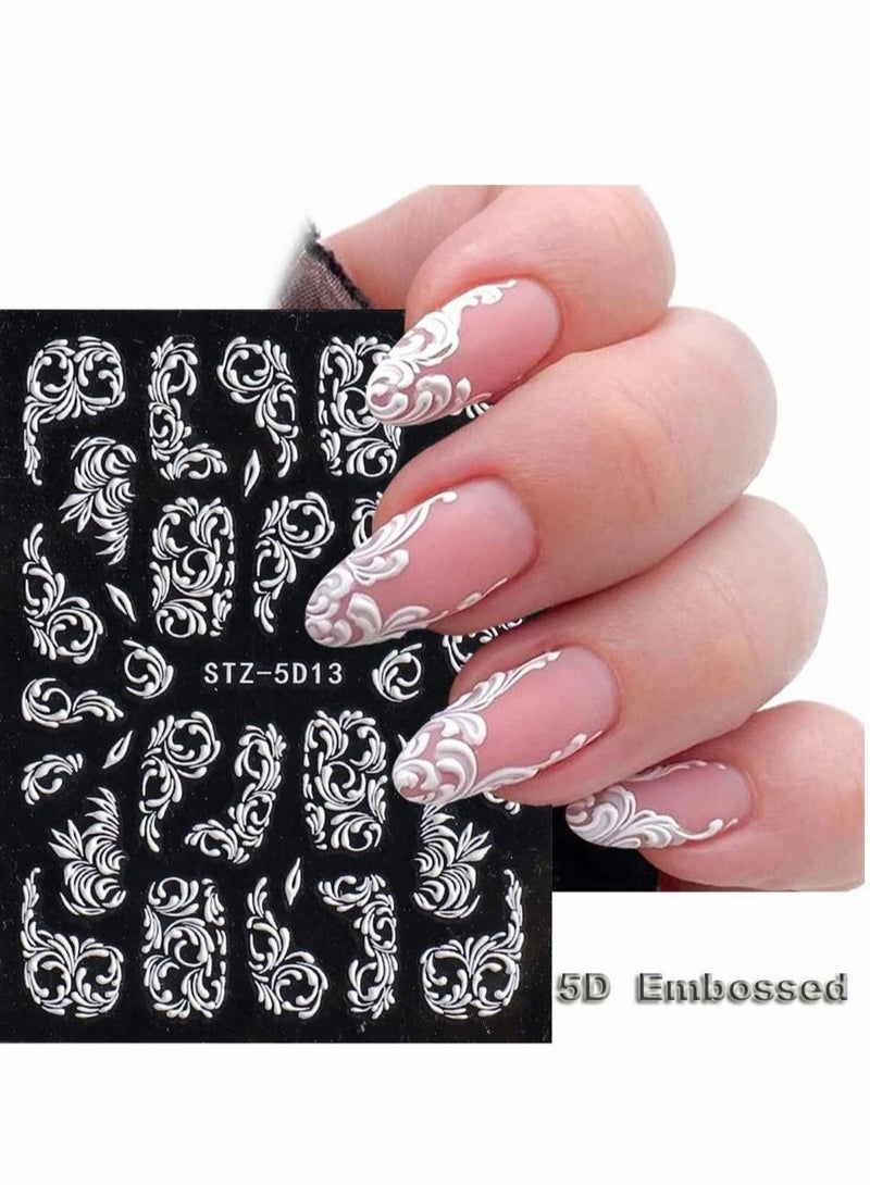 Captaintech Nail Stickers, 8 Sheets Flower Art Stickers Decals, 5D Acrylic Engraved Sticker White Embossed Sliders Lace Wedding Hollow Design DIY for Women Girls - Image 4