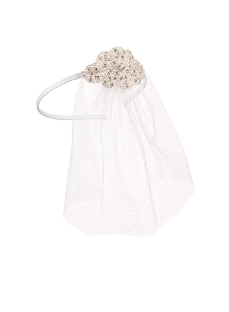 David Tutera Bridal Headband Veil w/Beaded Silver Applique & White Tulle - Image 1