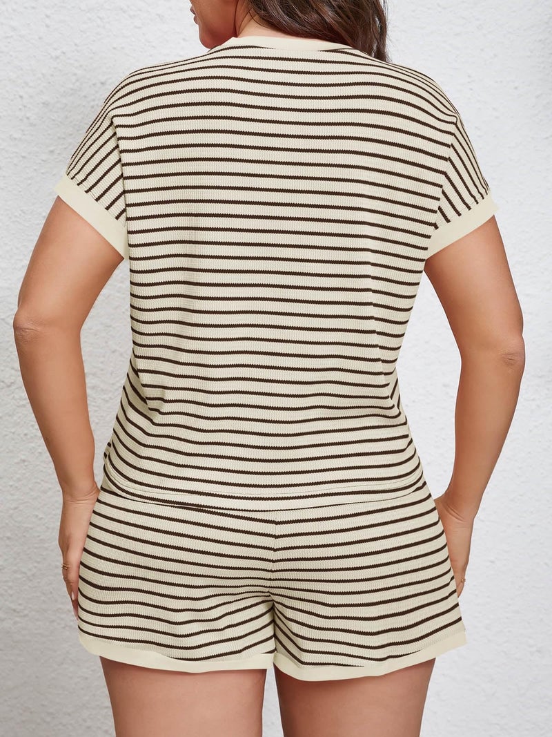 Beautife Womens Plus Size Lounge Set 2 Piece Outfits Stripe Short Sleeve Shirts Tops Shorts Summer Casual Loungewear Apricot - Image 2