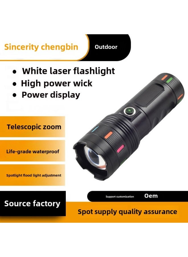 High-power White Laser Flashlight Outdoor Lighting Waterproof Strong Light Multifunctional Emergency Telescopic Zoom Flashlight-Colour:702 White Laser Flashlight + Built-in Battery 6000 Mah + Data Cable + Color Box  - Image 2
