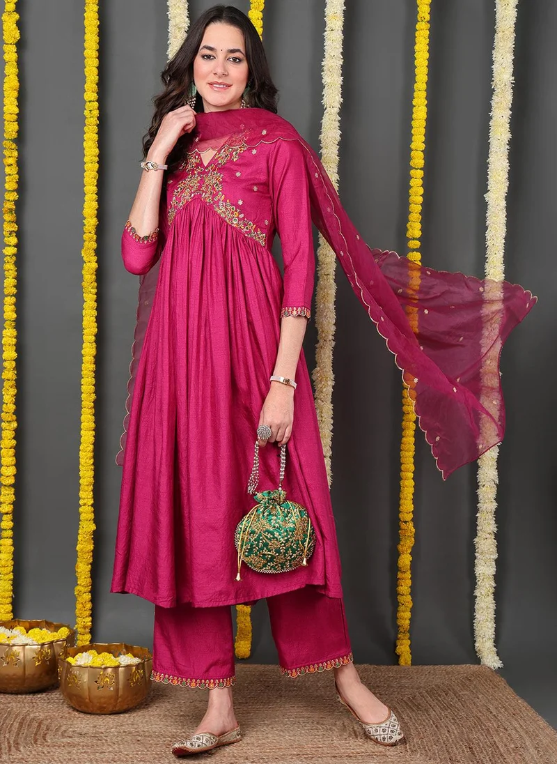 ZERESOUQ Rani Pink Silk Blend Solid Embroidered Flared Kurta Trouser With Dupatta