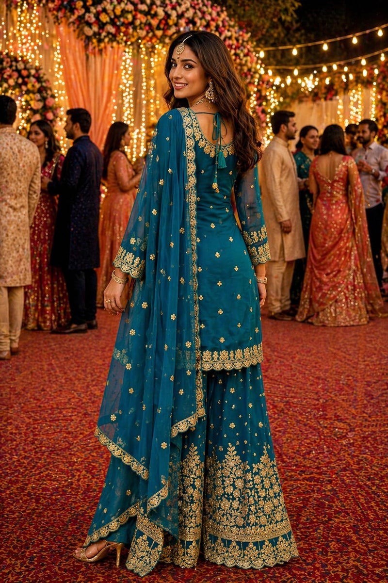 ANAITA Teal Blue Georgette Free Size Suit with Embroidery & Diamond Work - Image 4