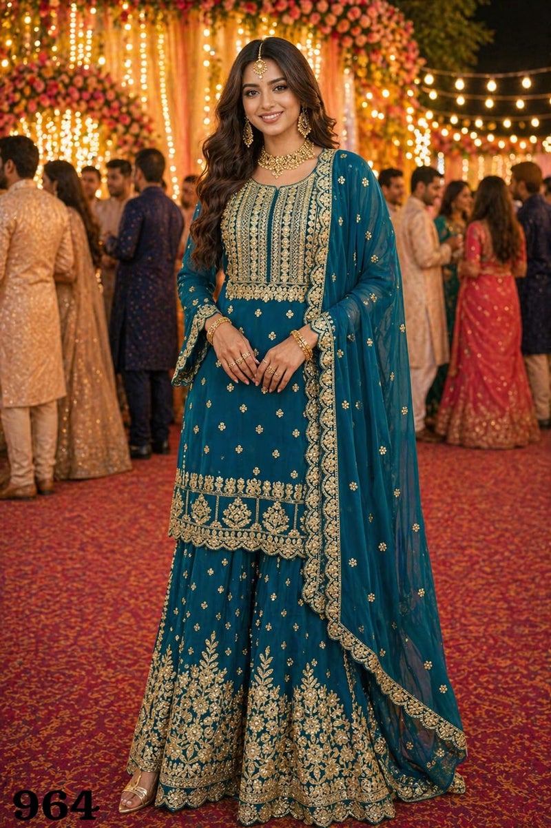 ANAITA Teal Blue Georgette Free Size Suit with Embroidery & Diamond Work - Image 1
