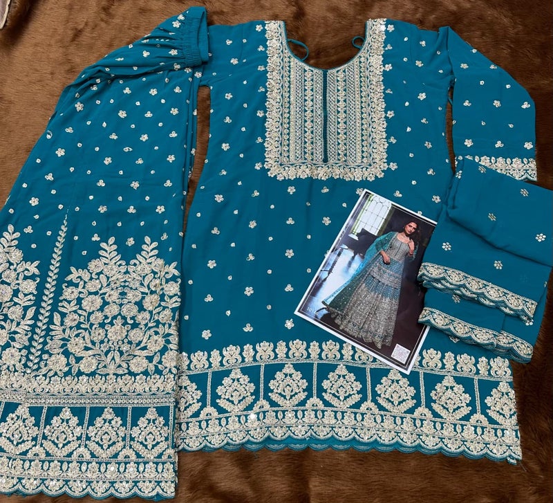 ANAITA Teal Blue Georgette Free Size Suit with Embroidery & Diamond Work - Image 3
