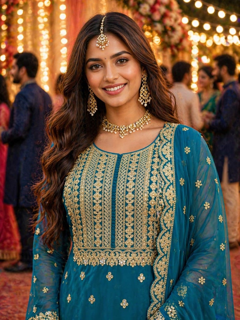 ANAITA Teal Blue Georgette Free Size Suit with Embroidery & Diamond Work - Image 2