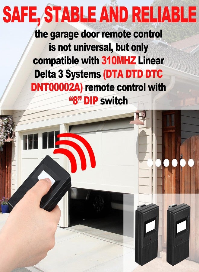 كينغدير جهاز تحكم عن بعد لباب المرآب من Kingdder مكون من قطعتين متوافق مع Linear Delta 3 DT DTA DTD DTC DNT00002A بمفتاح DIP 8 بتردد 310 ميجاهرتز مع سلسلة مفاتيح (أسود) - Image 3