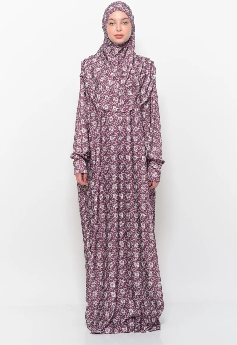 التوبة Practical One Piece Sun Patterned Sleeves Removable Lycra Hijab Prayer Dress with Headscarf 990 0317