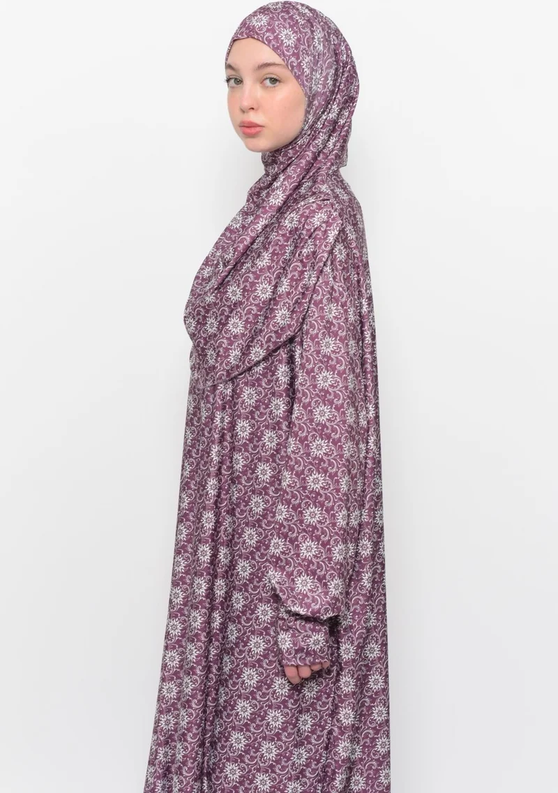 التوبة Practical One Piece Sun Patterned Sleeves Removable Lycra Hijab Prayer Dress with Headscarf 990 0317