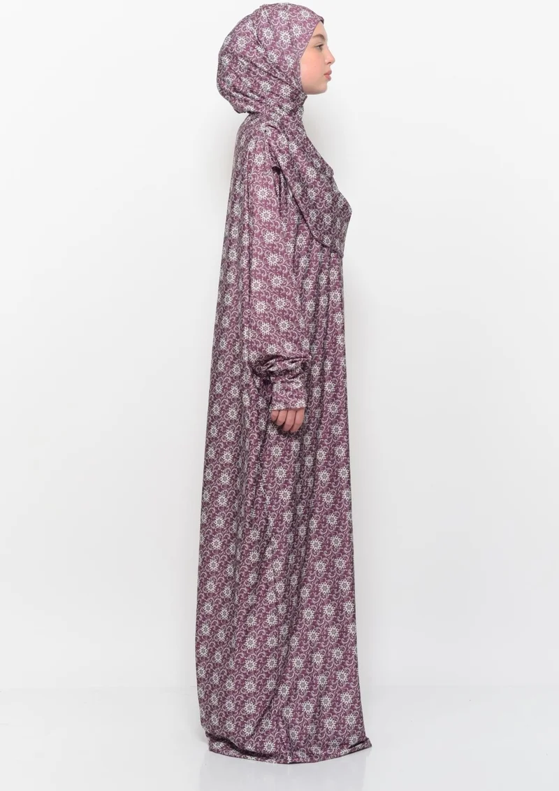 التوبة Practical One Piece Sun Patterned Sleeves Removable Lycra Hijab Prayer Dress with Headscarf 990 0317