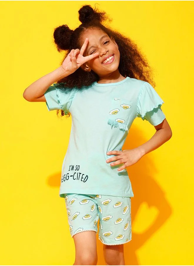 Clovia Cubs Egg-Cited Graphic Ruffled Top & Shorts Set by Styli